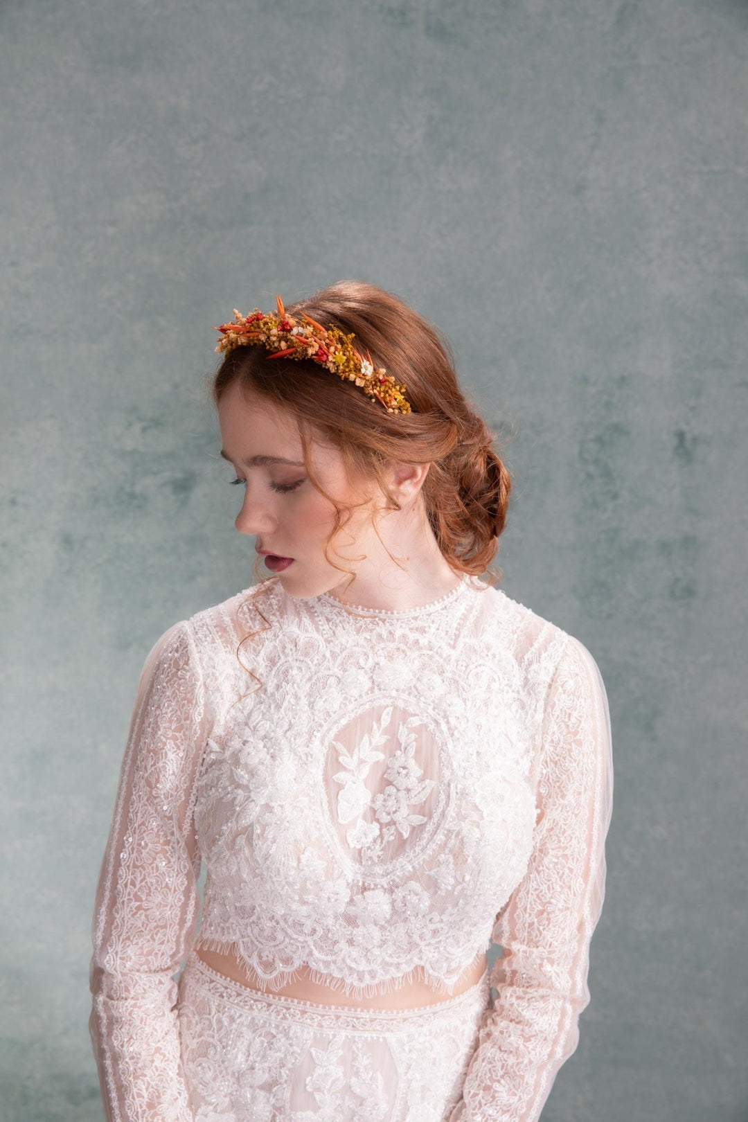 Rustic Autumn Wedding Headband: Preserved Burnt Orange Flowers – handmade floral hair accessory by magaela