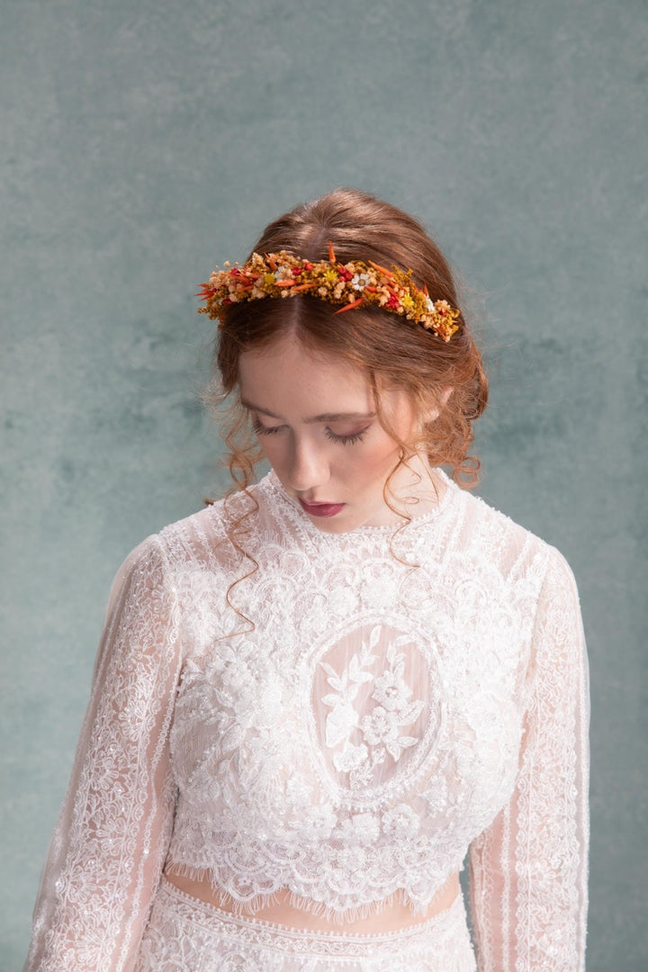 Rustic Autumn Wedding Headband: Preserved Burnt Orange Flowers – handmade floral hair accessory by magaela