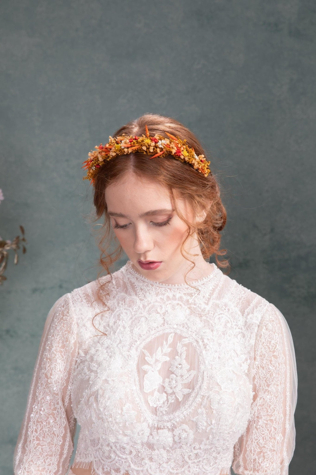Rustic Autumn Wedding Headband: Preserved Burnt Orange Flowers – handmade floral hair accessory by magaela