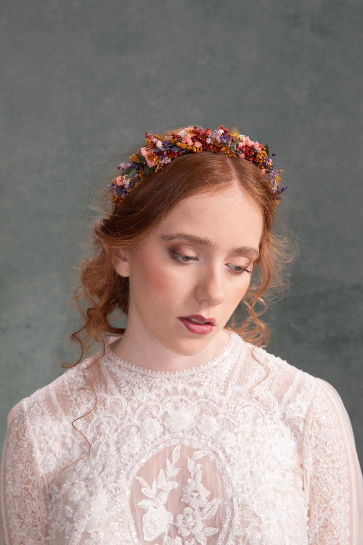 Rustic Preserved Flower Headband: Colorful Meadow Wedding Headpiece – handmade floral hair accessory by magaela