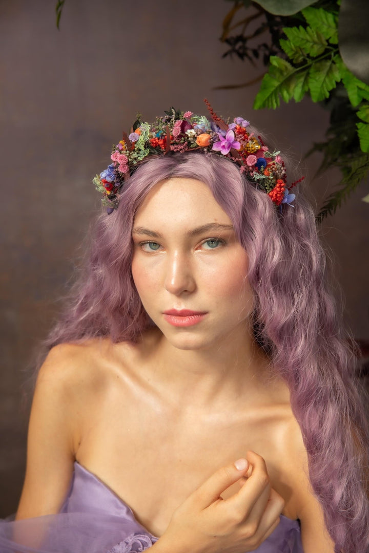 Colorful Preserved Flower Crown: Bridal Meadow Headpiece – handmade floral hair accessory by magaela