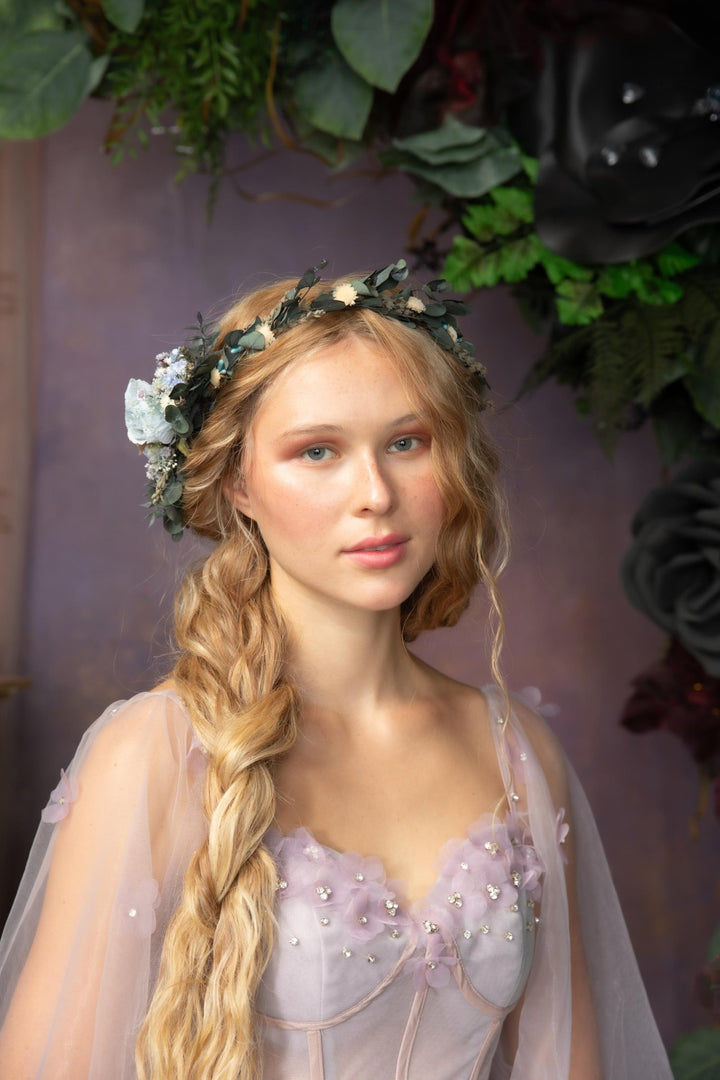 Blue Flower Bridal Hair Comb and Wreath: Boho Eucalyptus Set – handmade floral hair accessory by magaela
