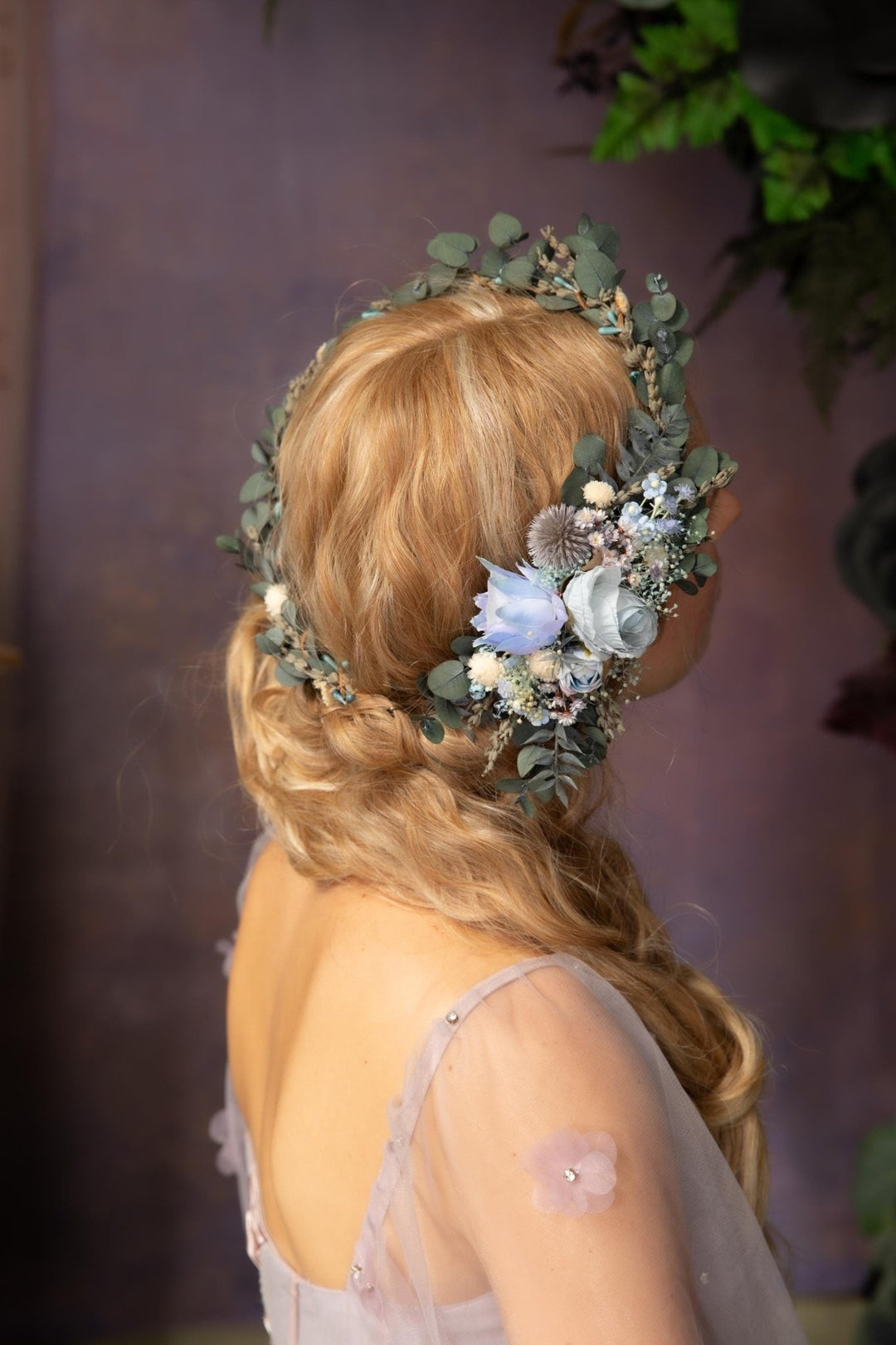 Blue Flower Bridal Hair Comb and Wreath: Boho Eucalyptus Set – handmade floral hair accessory by magaela