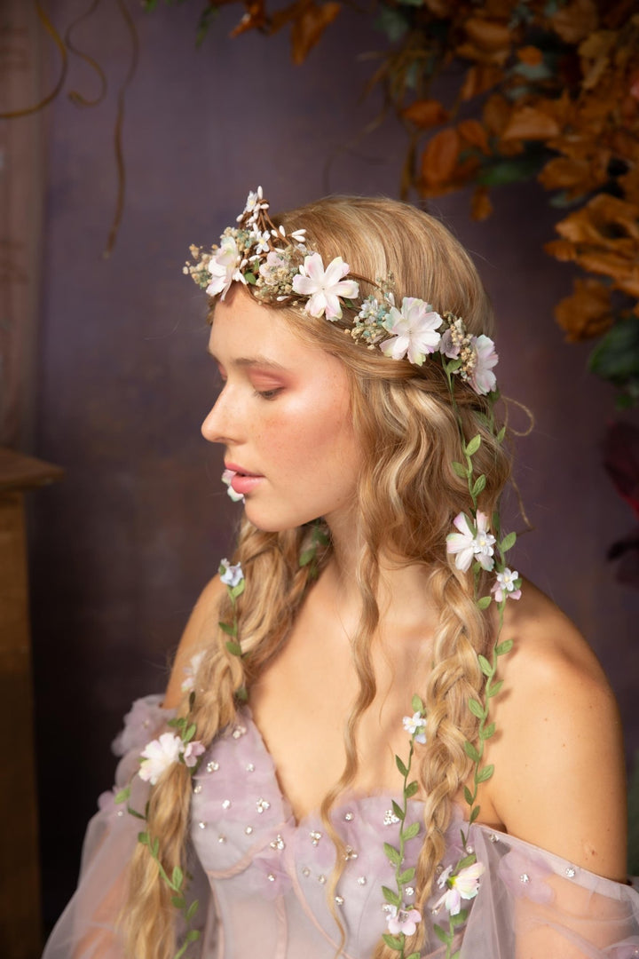 Pearlescent Flower Hair Wreath with Veil: Bridal Fairy Crown – handmade floral hair accessory by magaela