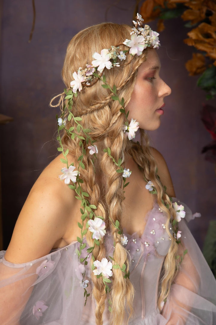 Pearlescent Flower Hair Wreath with Veil: Bridal Fairy Crown – handmade floral hair accessory by magaela