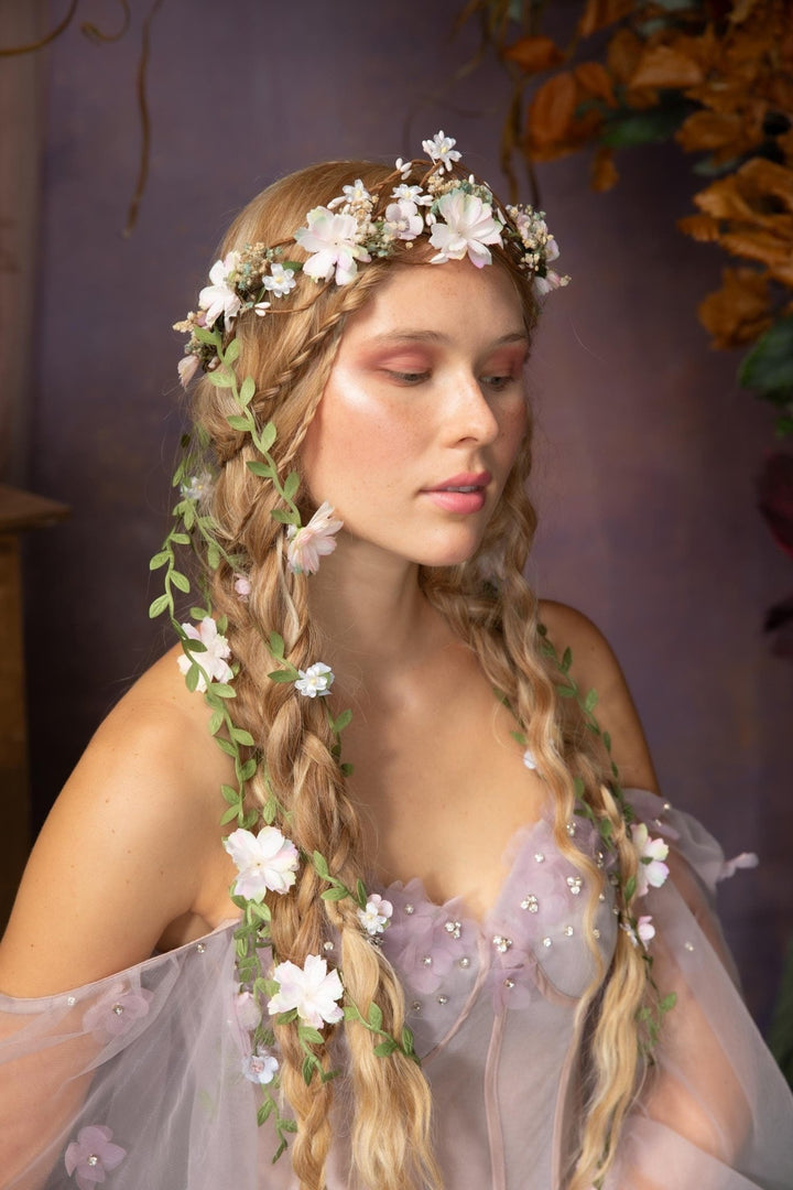 Pearlescent Flower Hair Wreath with Veil: Bridal Fairy Crown – handmade floral hair accessory by magaela