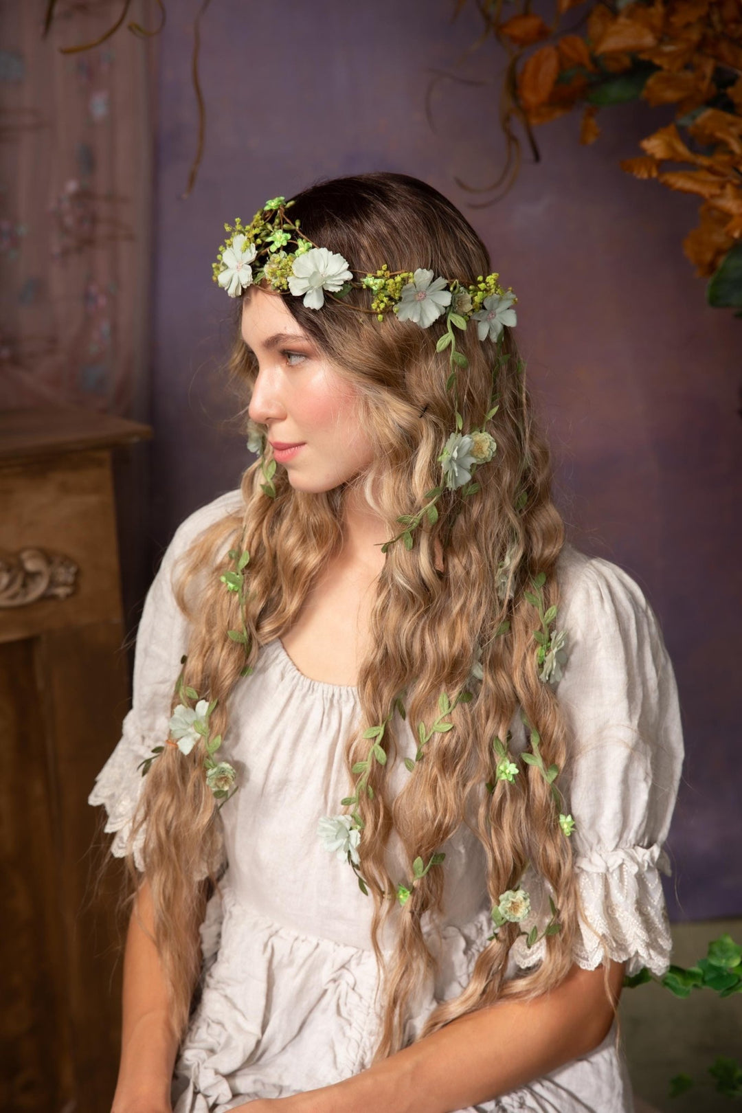 Green Flower Hair Wreath with Veil: Boho Bridal Fairy Crown – handmade floral hair accessory by magaela