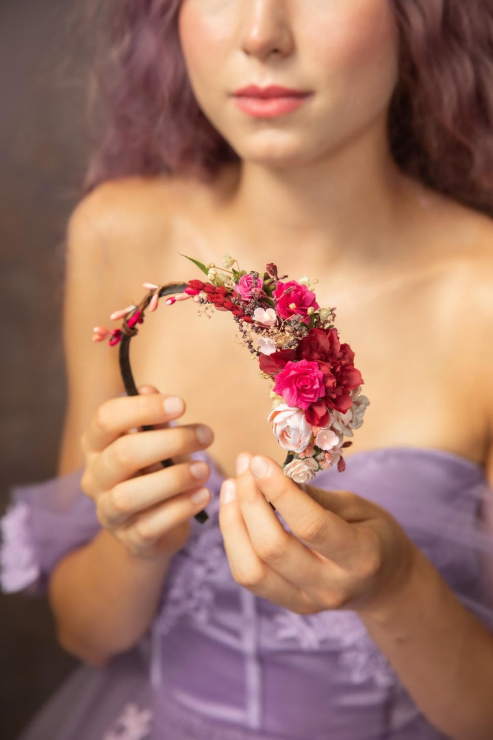 Pink Rose Bridal Headband: Romantic Fuchsia Flower Crown – handmade floral hair accessory by magaela