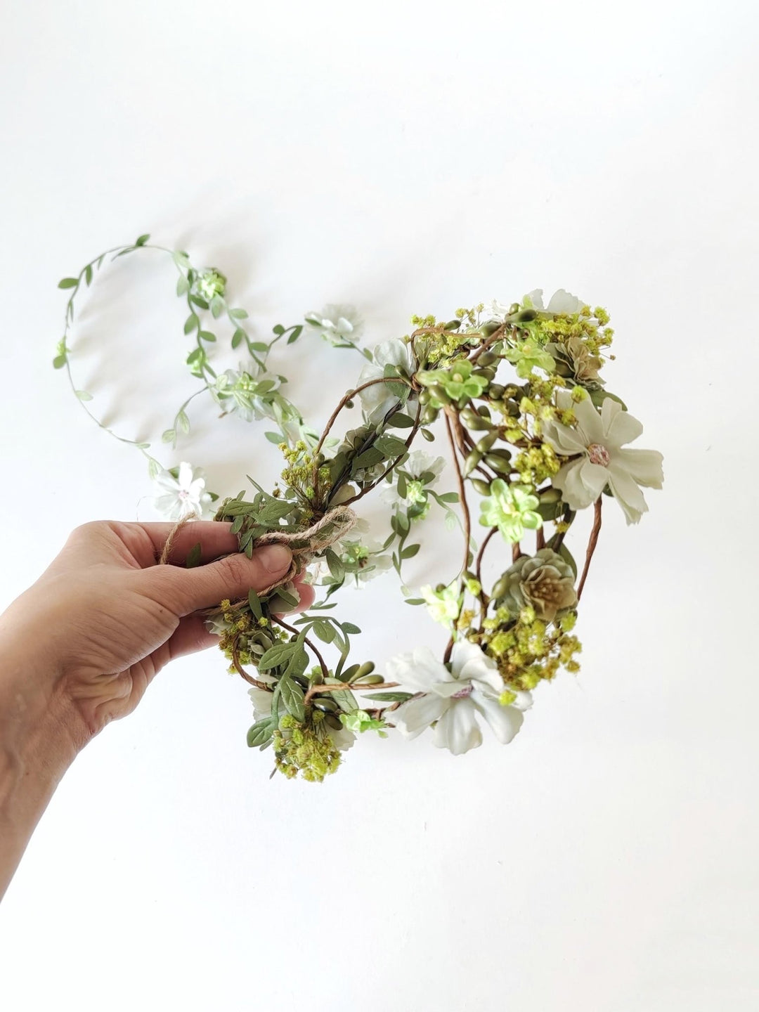 Green Flower Hair Wreath with Veil: Boho Bridal Fairy Crown – handmade floral hair accessory by magaela