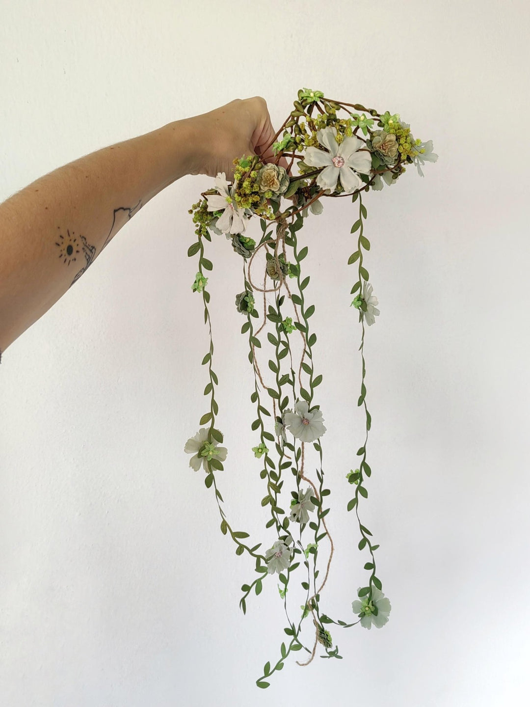 Green Flower Hair Wreath with Veil: Boho Bridal Fairy Crown – handmade floral hair accessory by magaela