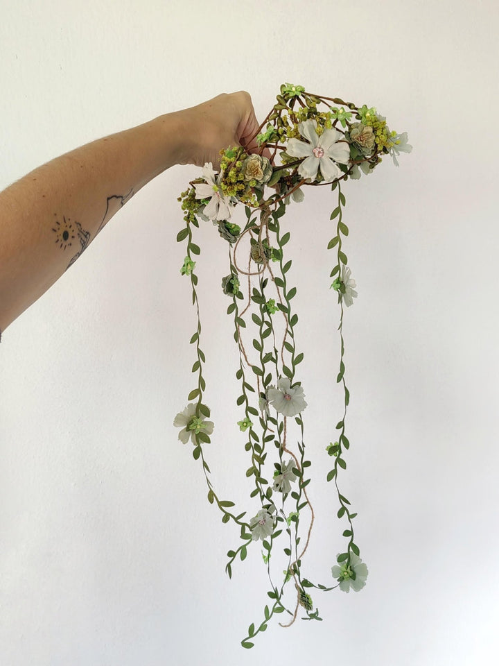 Green Flower Hair Wreath with Veil: Boho Bridal Fairy Crown – handmade floral hair accessory by magaela