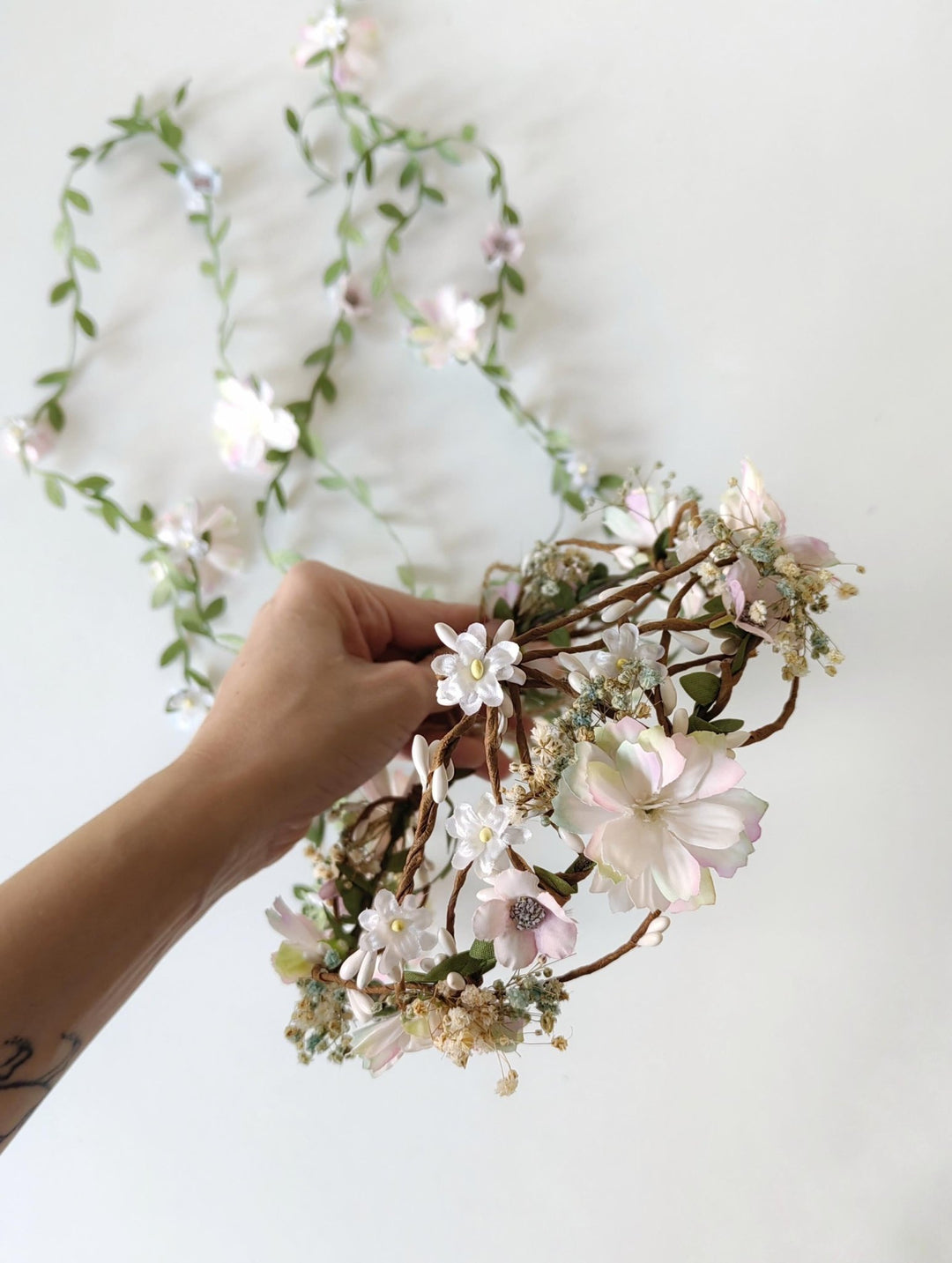 Pearlescent Flower Hair Wreath with Veil: Bridal Fairy Crown – handmade floral hair accessory by magaela