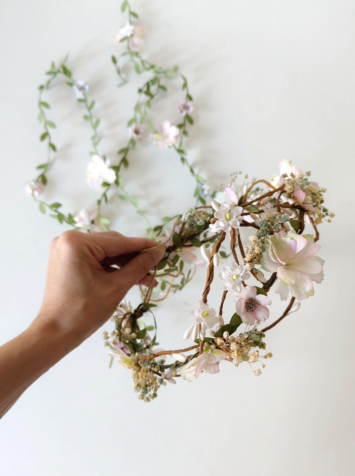 Pearlescent Flower Hair Wreath with Veil: Bridal Fairy Crown – handmade floral hair accessory by magaela