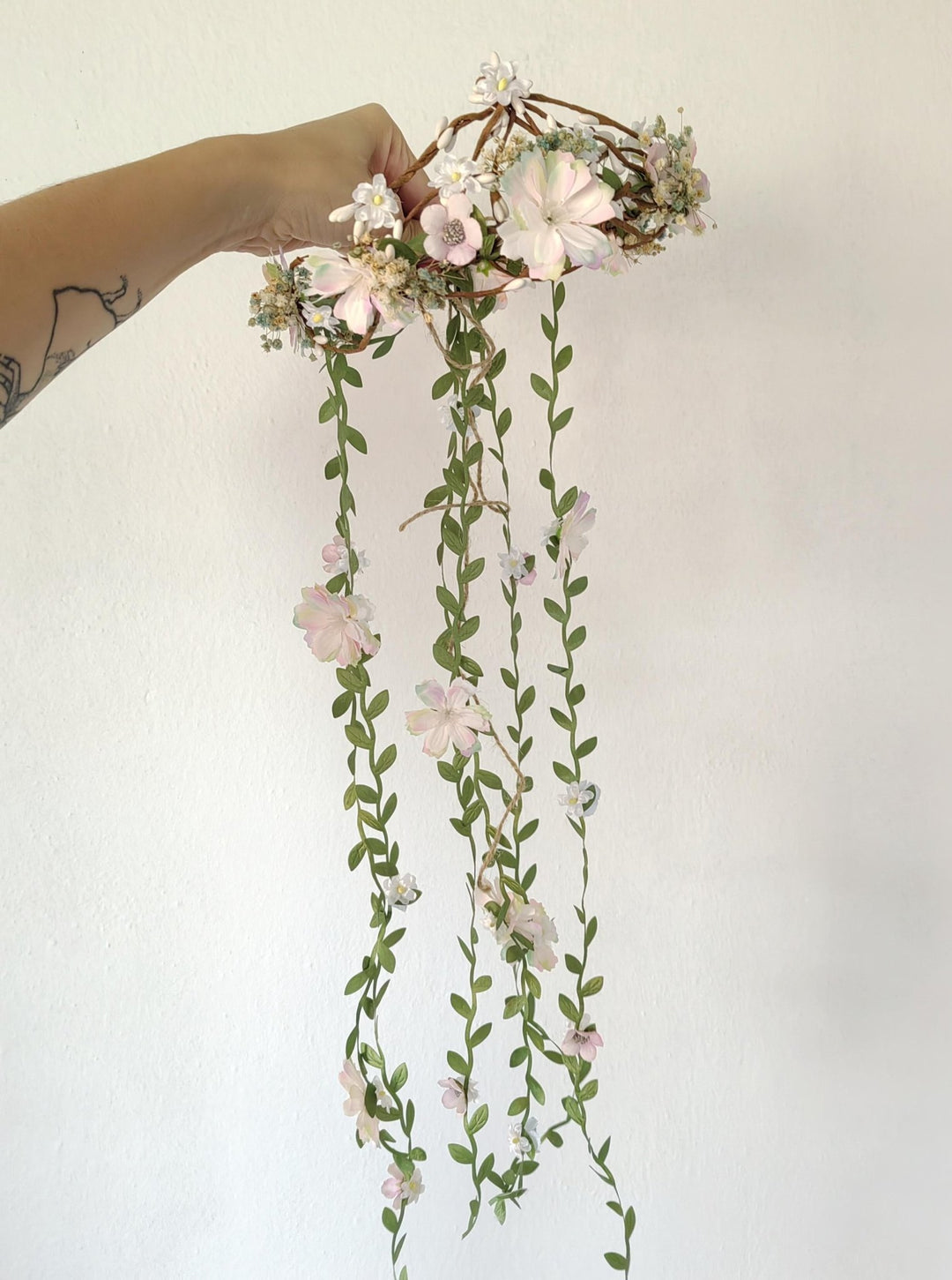 Pearlescent Flower Hair Wreath with Veil: Bridal Fairy Crown – handmade floral hair accessory by magaela