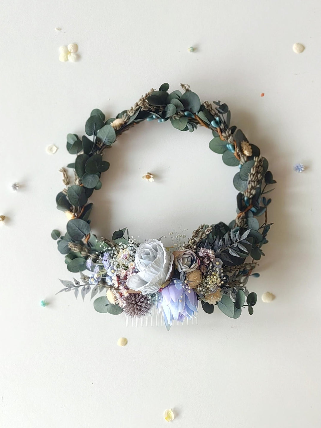 Blue Flower Bridal Hair Comb and Wreath: Boho Eucalyptus Set – handmade floral hair accessory by magaela