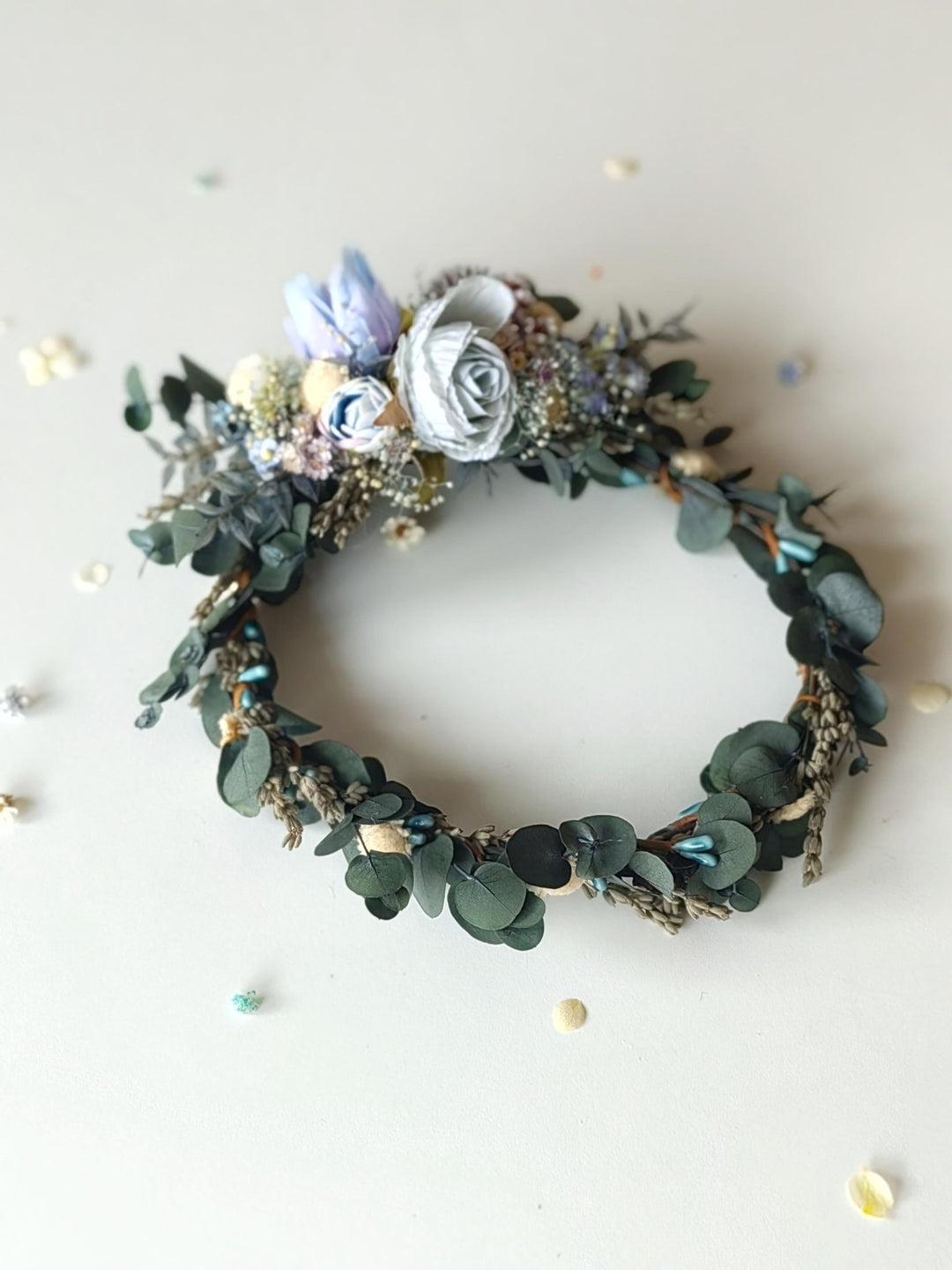 Blue Flower Bridal Hair Comb and Wreath: Boho Eucalyptus Set – handmade floral hair accessory by magaela