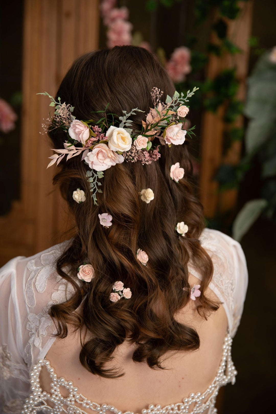 Blush Floral Bridal Hair Vine: Rustic Wedding Veil, Cottagecore Roses – handmade floral hair accessory by magaela