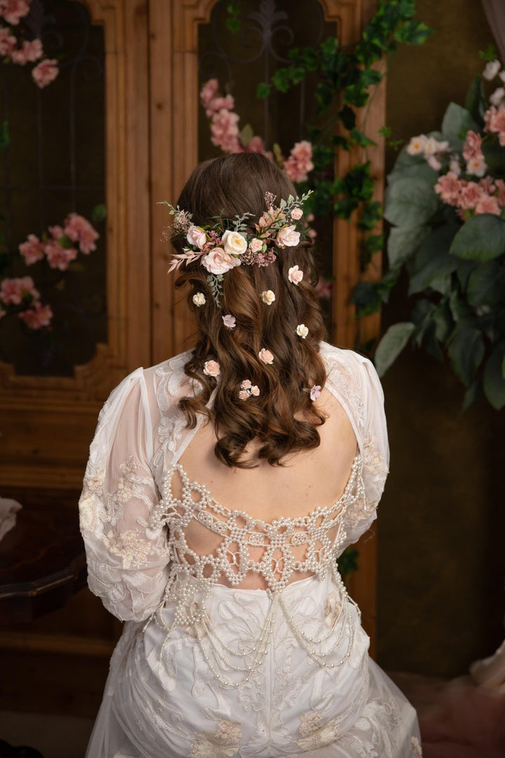 Blush Floral Bridal Hair Vine: Rustic Wedding Veil, Cottagecore Roses – handmade floral hair accessory by magaela