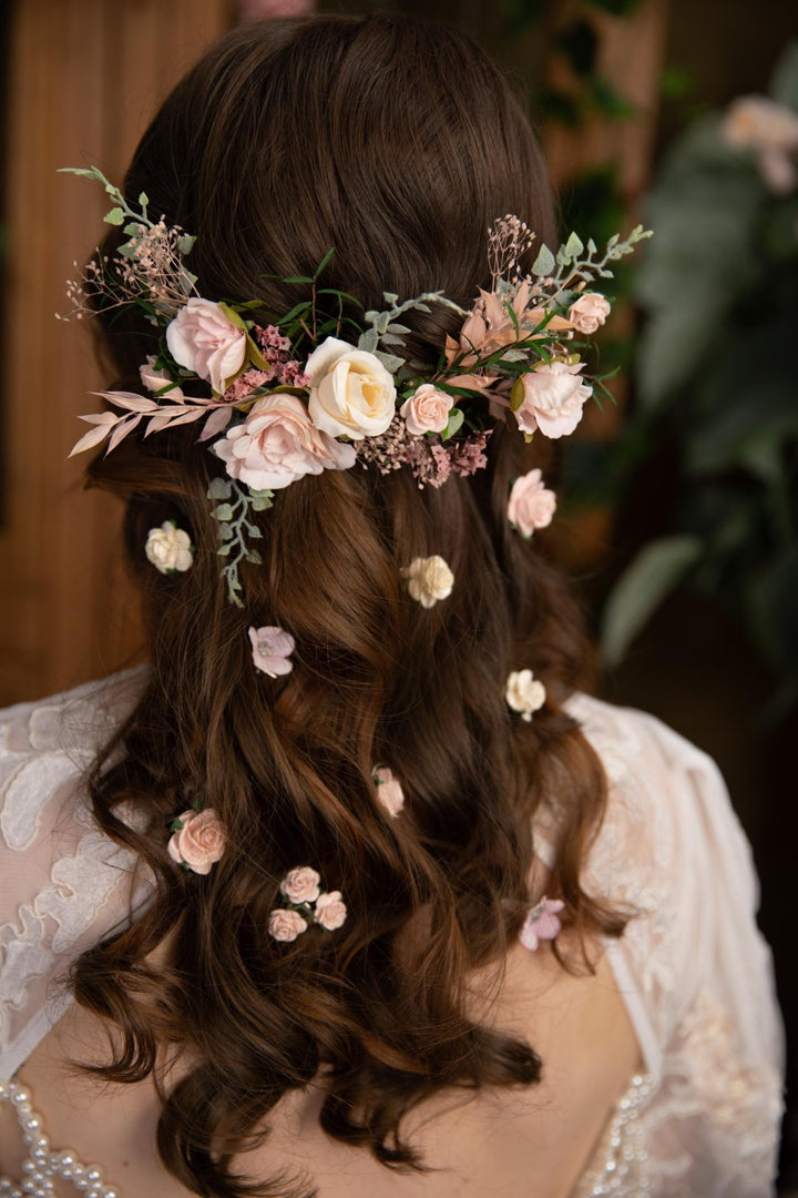 Blush Floral Bridal Hair Vine: Rustic Wedding Veil, Cottagecore Roses – handmade floral hair accessory by magaela