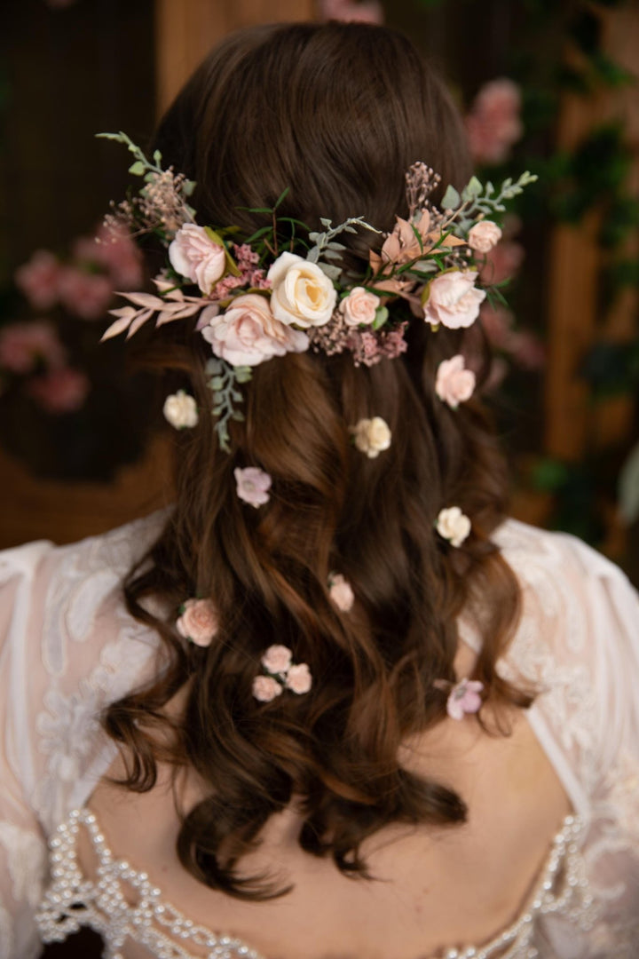 Blush Floral Bridal Hair Vine: Rustic Wedding Veil, Cottagecore Roses – handmade floral hair accessory by magaela