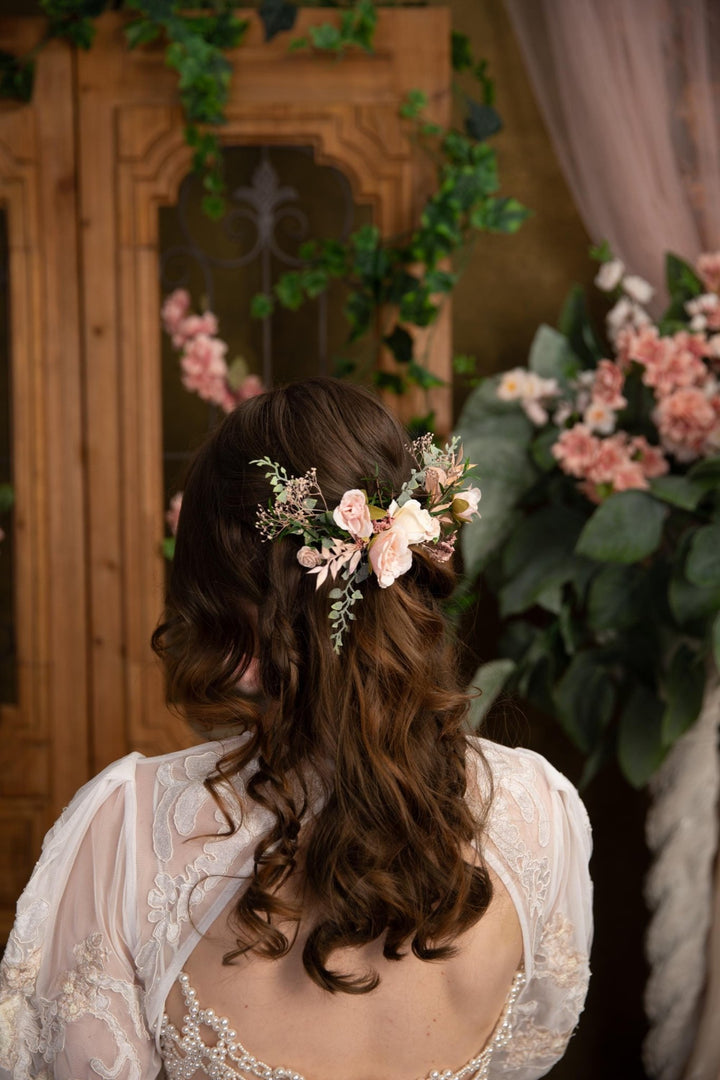 Blush Floral Bridal Hair Vine: Rustic Wedding Veil, Cottagecore Roses – handmade floral hair accessory by magaela