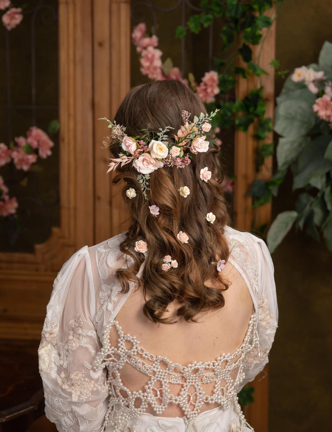 Blush Floral Bridal Hair Vine: Rustic Wedding Veil, Cottagecore Roses – handmade floral hair accessory by magaela