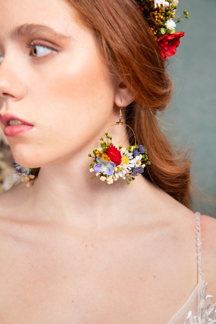 Folk Meadow Flower Circle Earrings: Garden Wedding Jewelry – handmade floral hair accessory by magaela
