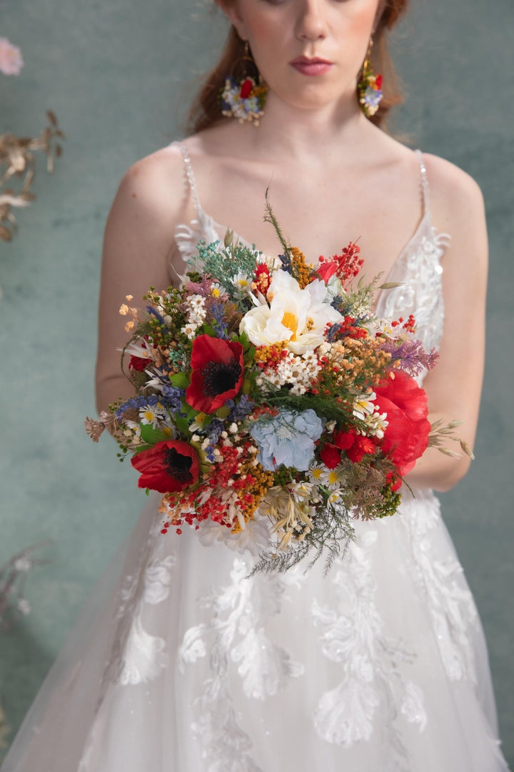 Red Poppy Wedding Bouquet: Folk Slavic Bridal Flowers – handmade floral hair accessory by magaela