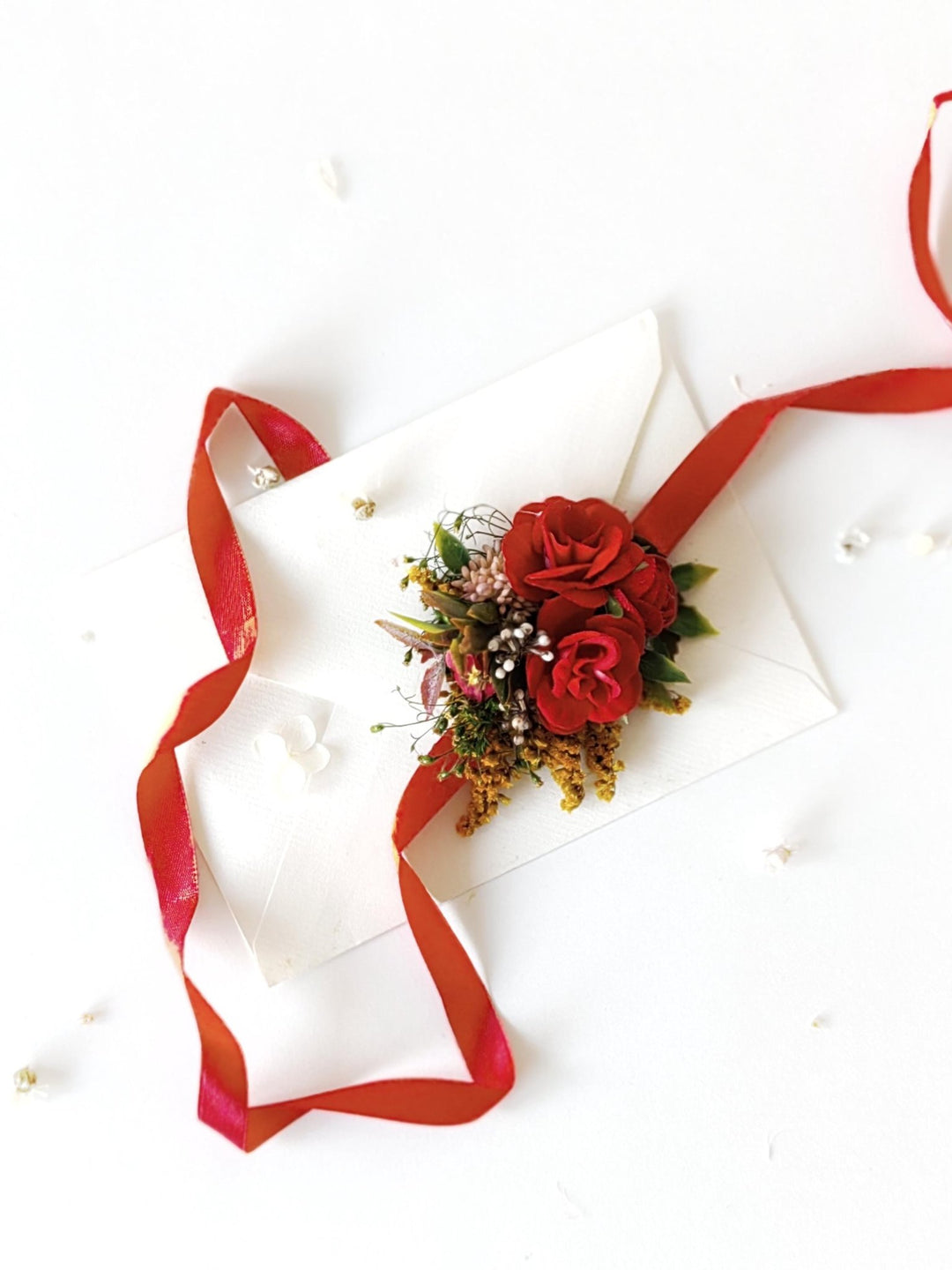 Red Rose Corsage Bracelet: Boho Bridal Wrist Accessory – handmade floral hair accessory by magaela