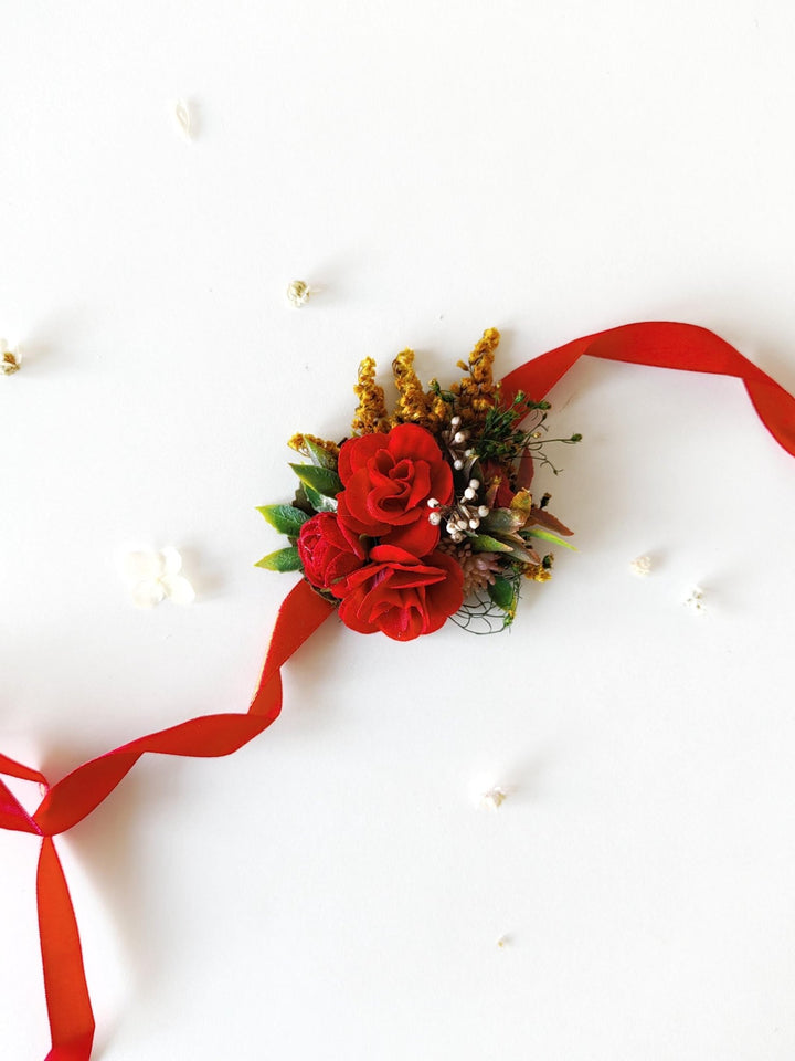 Red Rose Corsage Bracelet: Boho Bridal Wrist Accessory – handmade floral hair accessory by magaela
