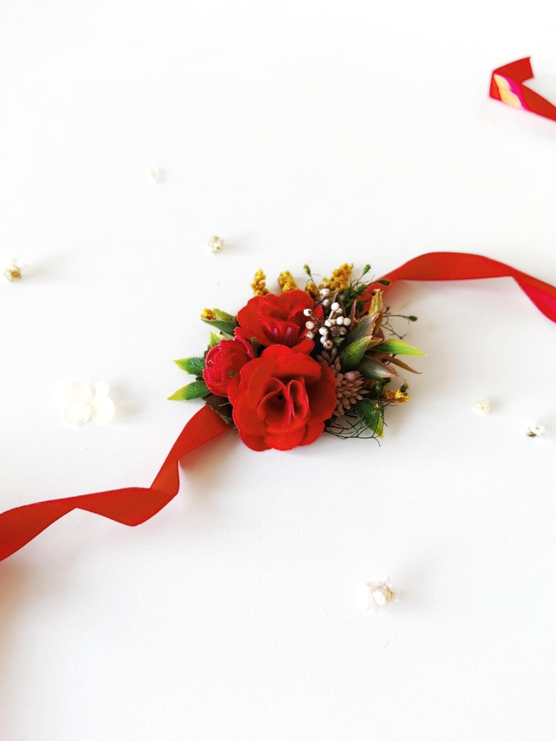 Red Rose Corsage Bracelet: Boho Bridal Wrist Accessory – handmade floral hair accessory by magaela