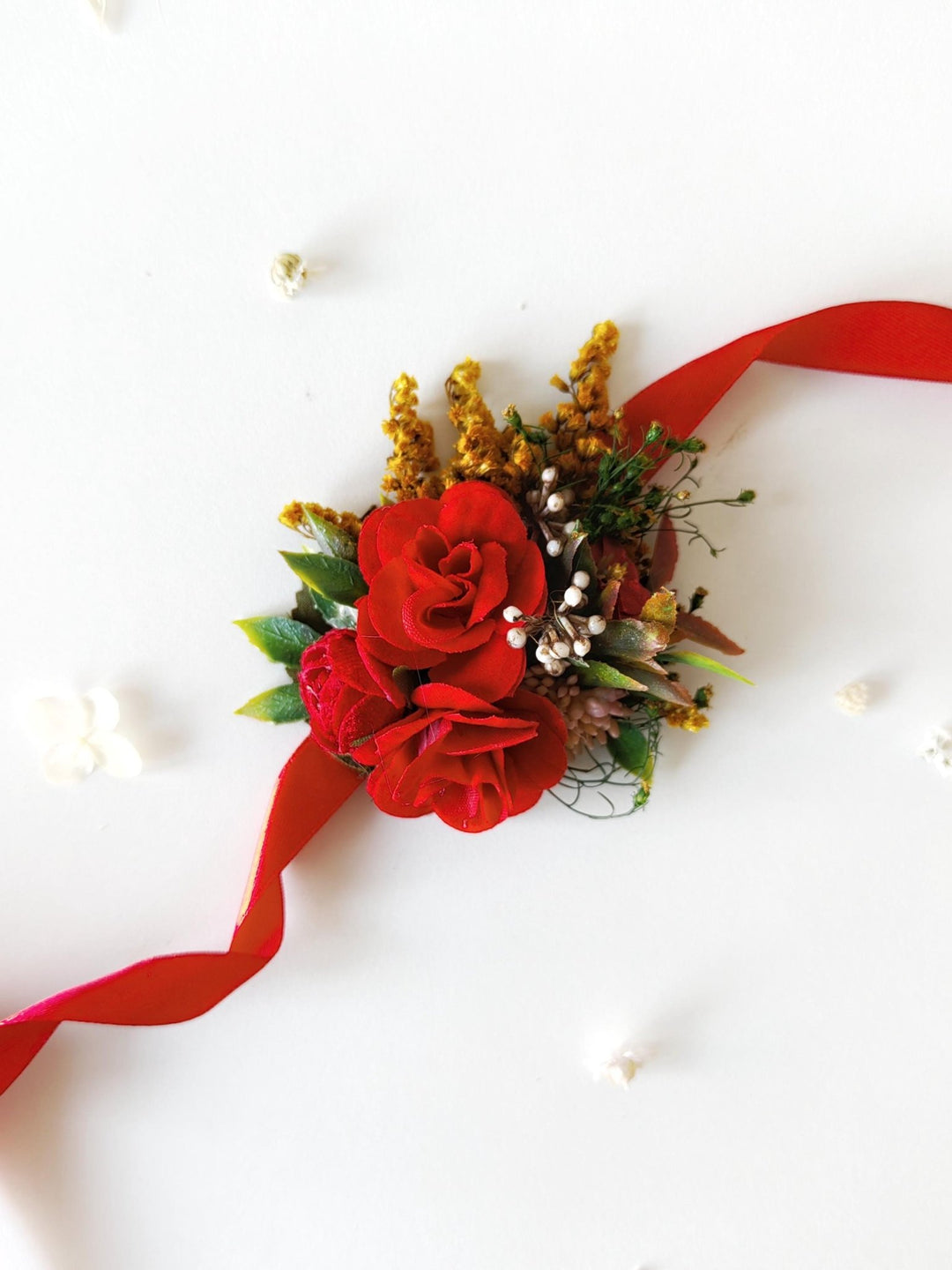 Red Rose Corsage Bracelet: Boho Bridal Wrist Accessory – handmade floral hair accessory by magaela