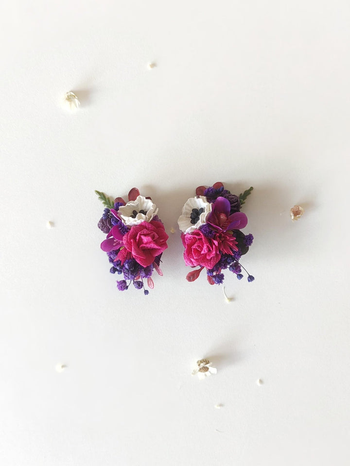 Magenta Flower Stud Earrings: Boho Wedding Jewelry – handmade floral hair accessory by magaela