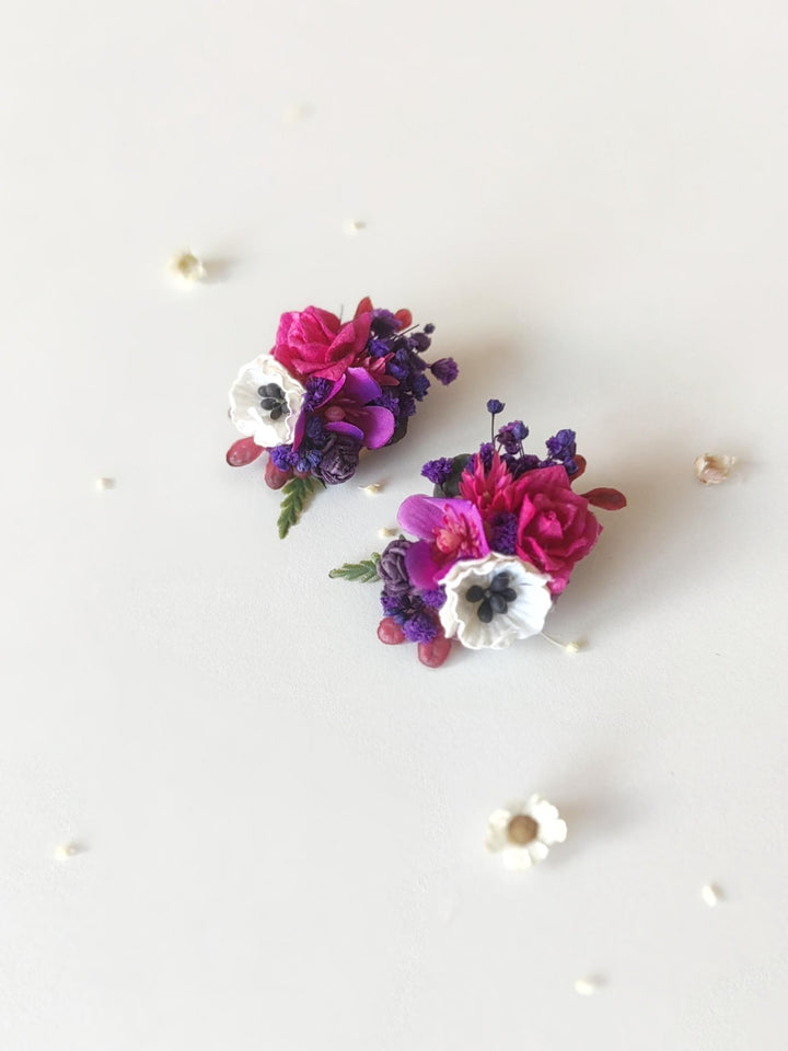 Magenta Flower Stud Earrings: Boho Wedding Jewelry – handmade floral hair accessory by magaela