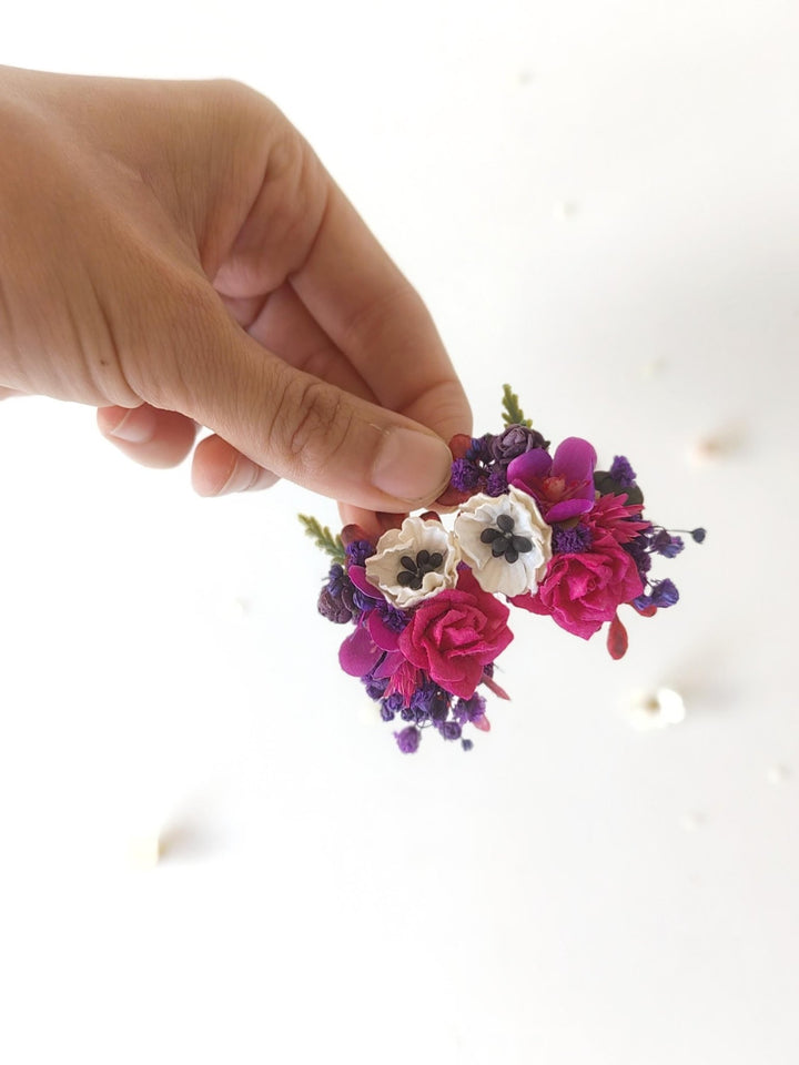 Magenta Flower Stud Earrings: Boho Wedding Jewelry – handmade floral hair accessory by magaela