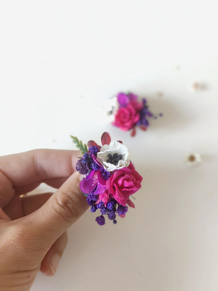 Magenta Flower Stud Earrings: Boho Wedding Jewelry – handmade floral hair accessory by magaela