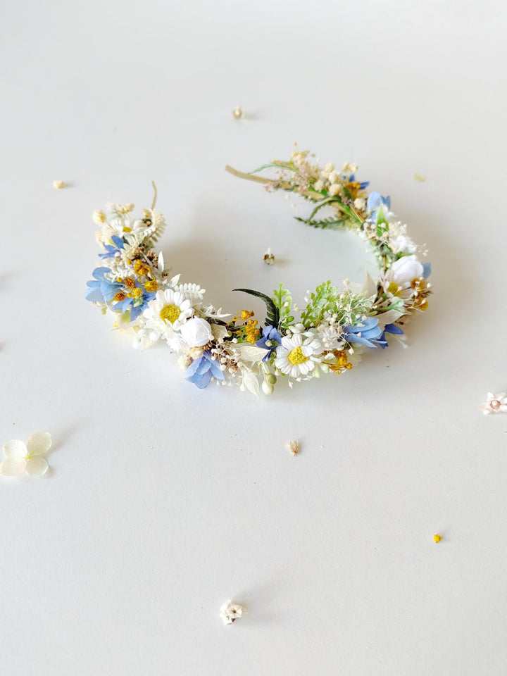 Meadow Flower Headband: White, Blue, & Daisy Bridal Headpiece – handmade floral hair accessory by magaela