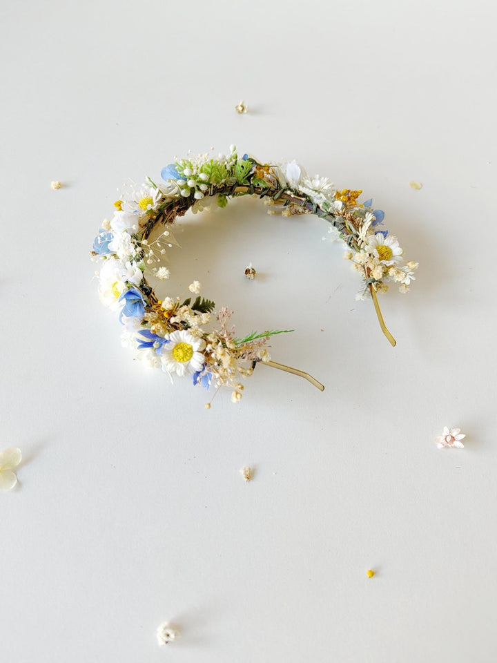 Meadow Flower Headband: White, Blue, & Daisy Bridal Headpiece – handmade floral hair accessory by magaela