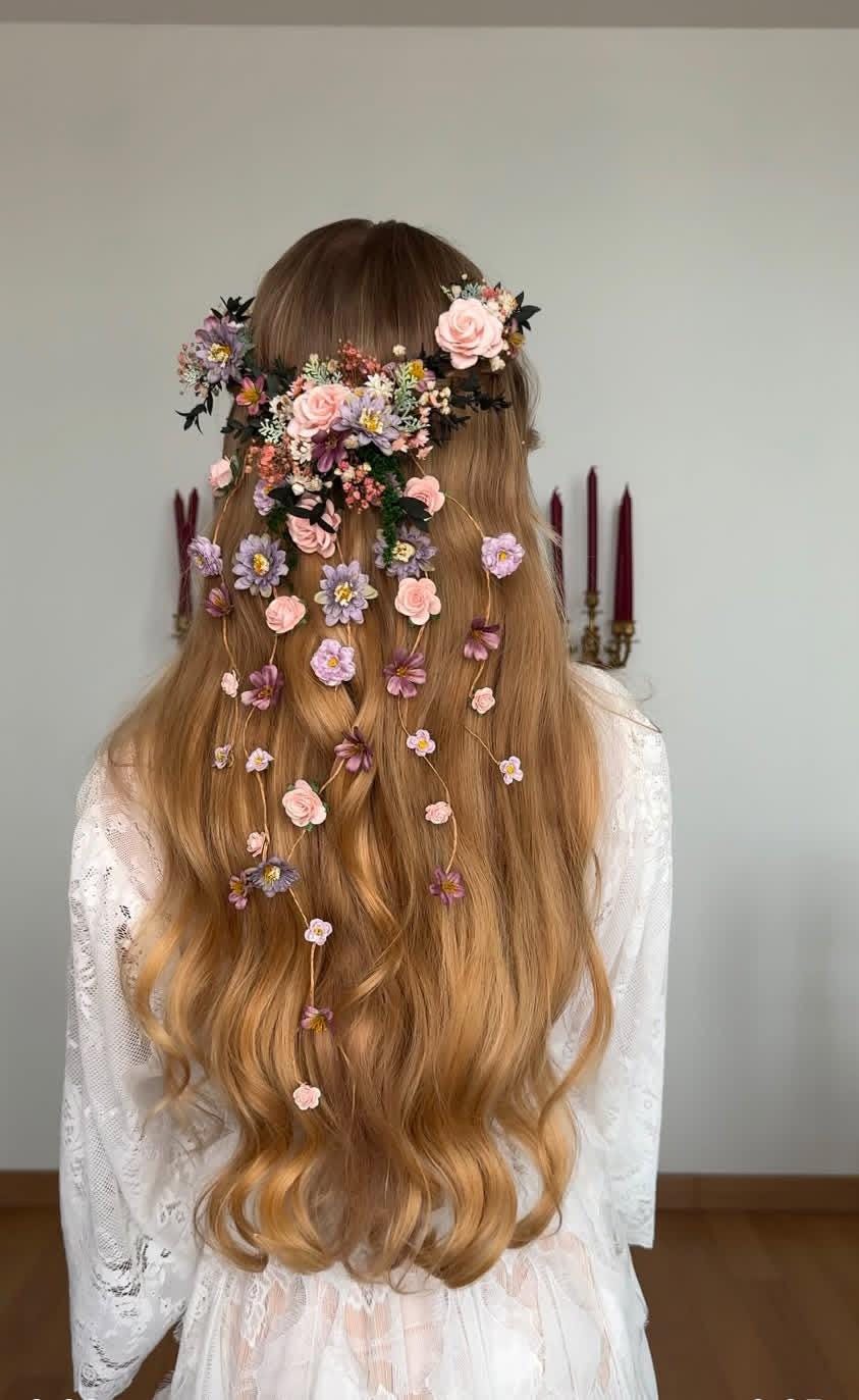 Blush Floral Wedding Hair Vine: Boho Bridal Headpiece with Hanging Clips – handmade floral hair accessory by magaela