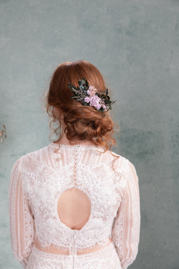 Purple Rose Hair Comb: Romantic Wedding Bridal Hairpiece – handmade floral hair accessory by magaela