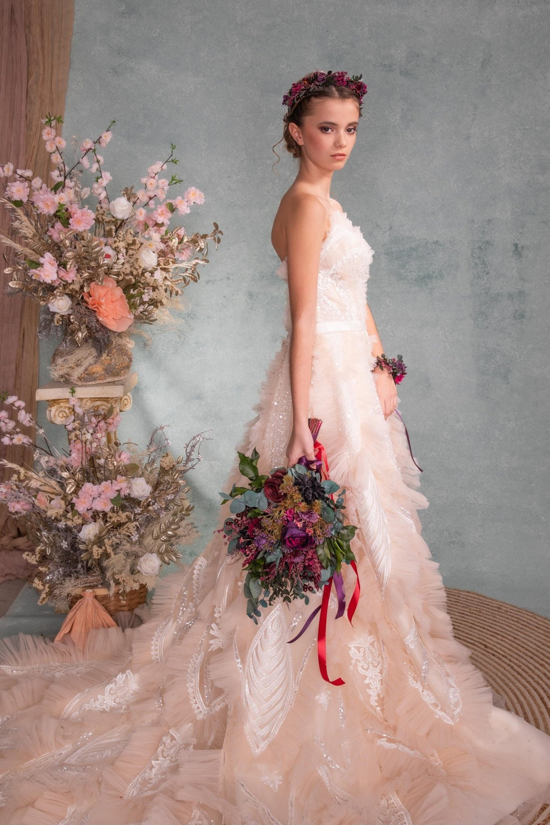 Plum & Purple Bridal Bouquet: Gothic Autumn Wedding Eucalyptus – handmade floral hair accessory by magaela