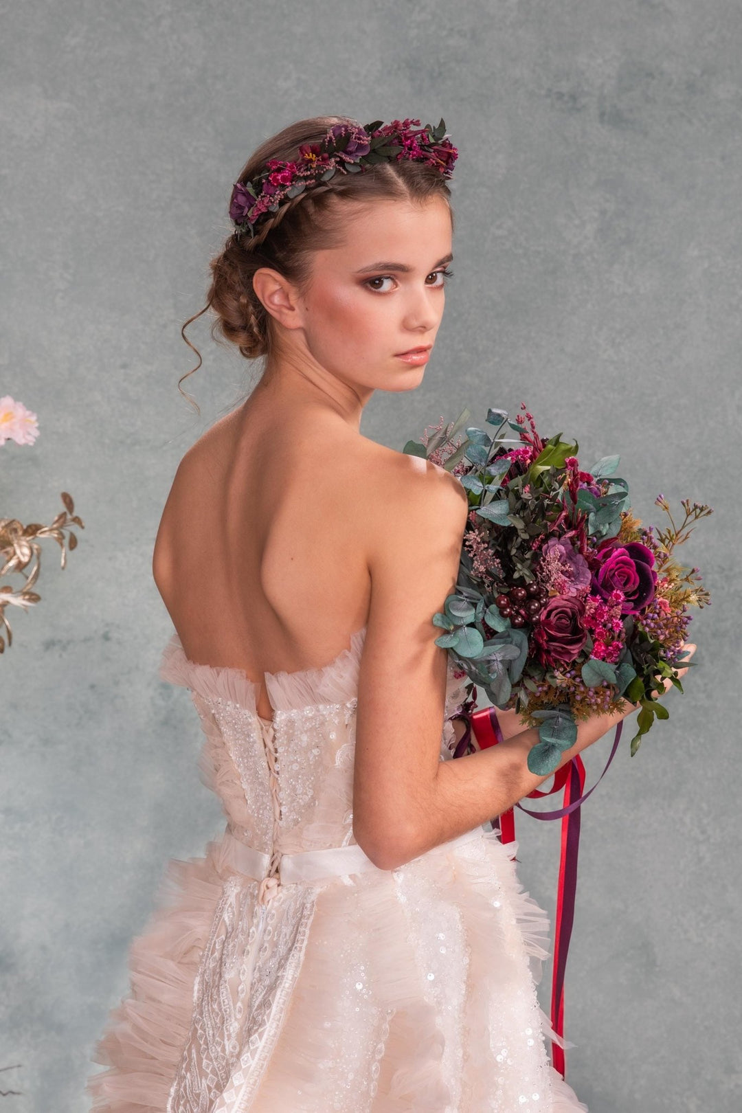 Plum & Purple Bridal Bouquet: Gothic Autumn Wedding Eucalyptus – handmade floral hair accessory by magaela