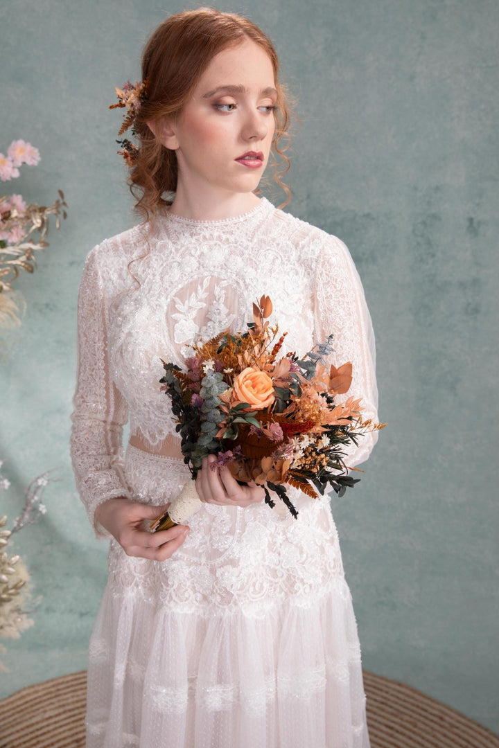 Rustic Autumn Bridal Bouquet: Mocha Orange Eucalyptus Wedding – handmade floral hair accessory by magaela