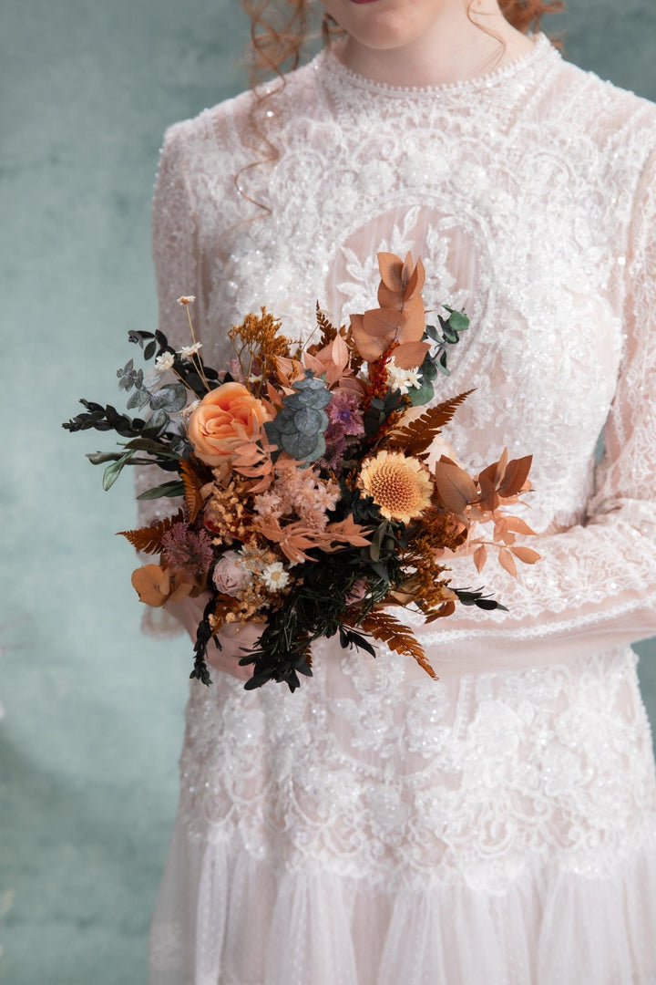 Rustic Autumn Bridal Bouquet: Mocha Orange Eucalyptus Wedding – handmade floral hair accessory by magaela