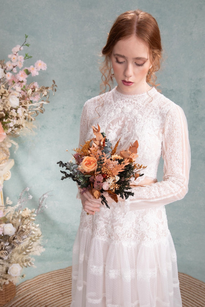 Rustic Autumn Bridal Bouquet: Mocha Orange Eucalyptus Wedding – handmade floral hair accessory by magaela