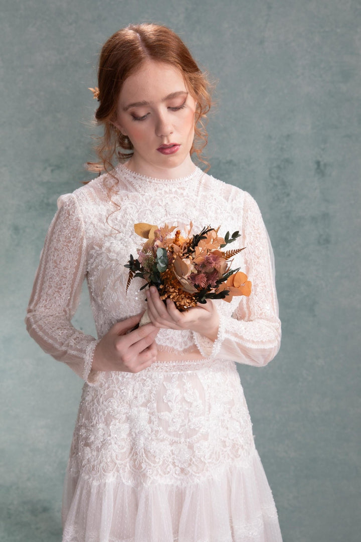 Rustic Autumn Bridal Bouquet: Mocha Orange Eucalyptus Bridesmaids Bouquet – handmade floral hair accessory by magaela