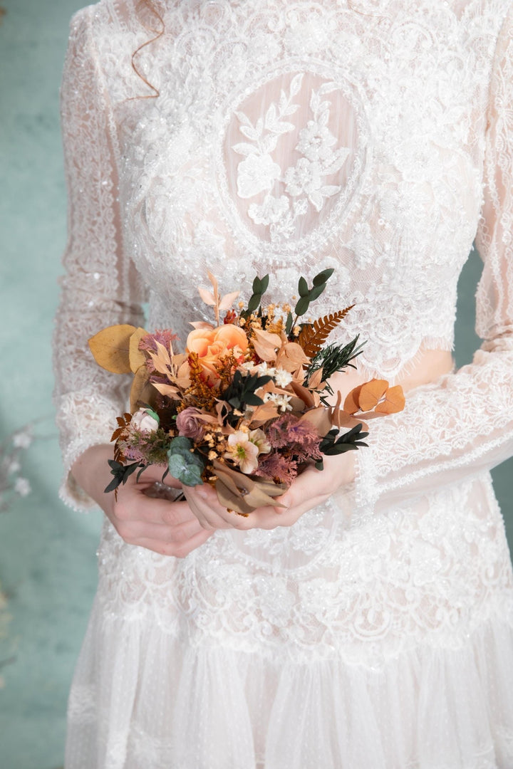 Rustic Autumn Bridal Bouquet: Mocha Orange Eucalyptus Bridesmaids Bouquet – handmade floral hair accessory by magaela