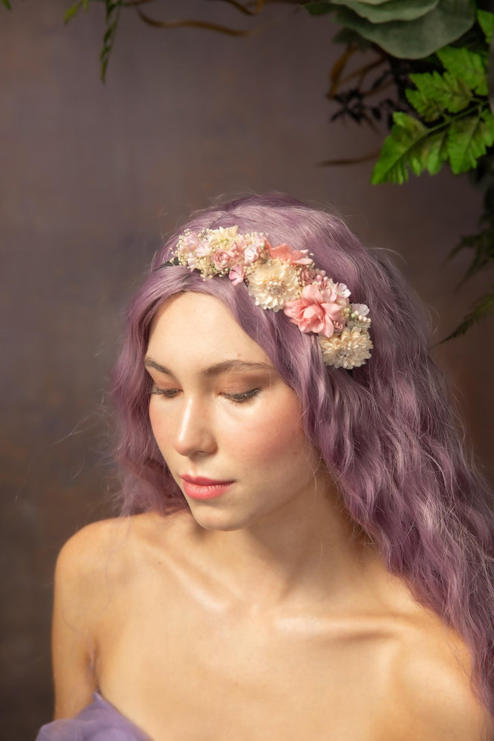 Romantic Pink Cream Flower Headband: Bridal Cottagecore Headpiece – handmade floral hair accessory by magaela