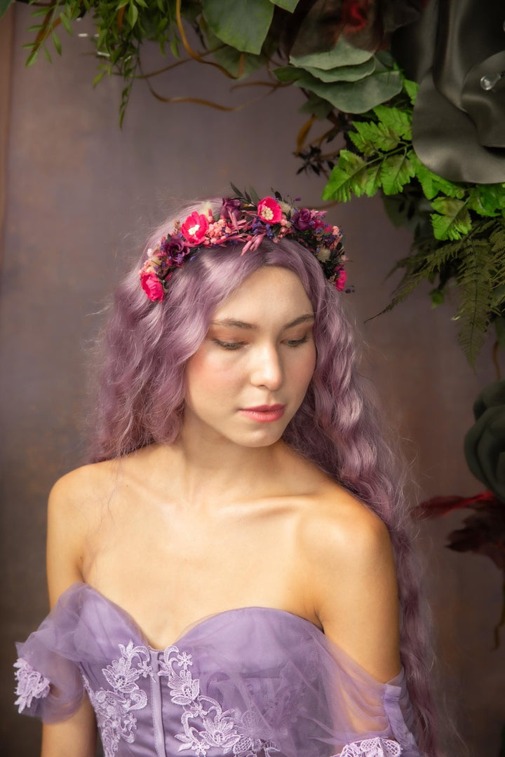 Magenta Purple Flower Headband: Boho Bridal Headpiece – handmade floral hair accessory by magaela