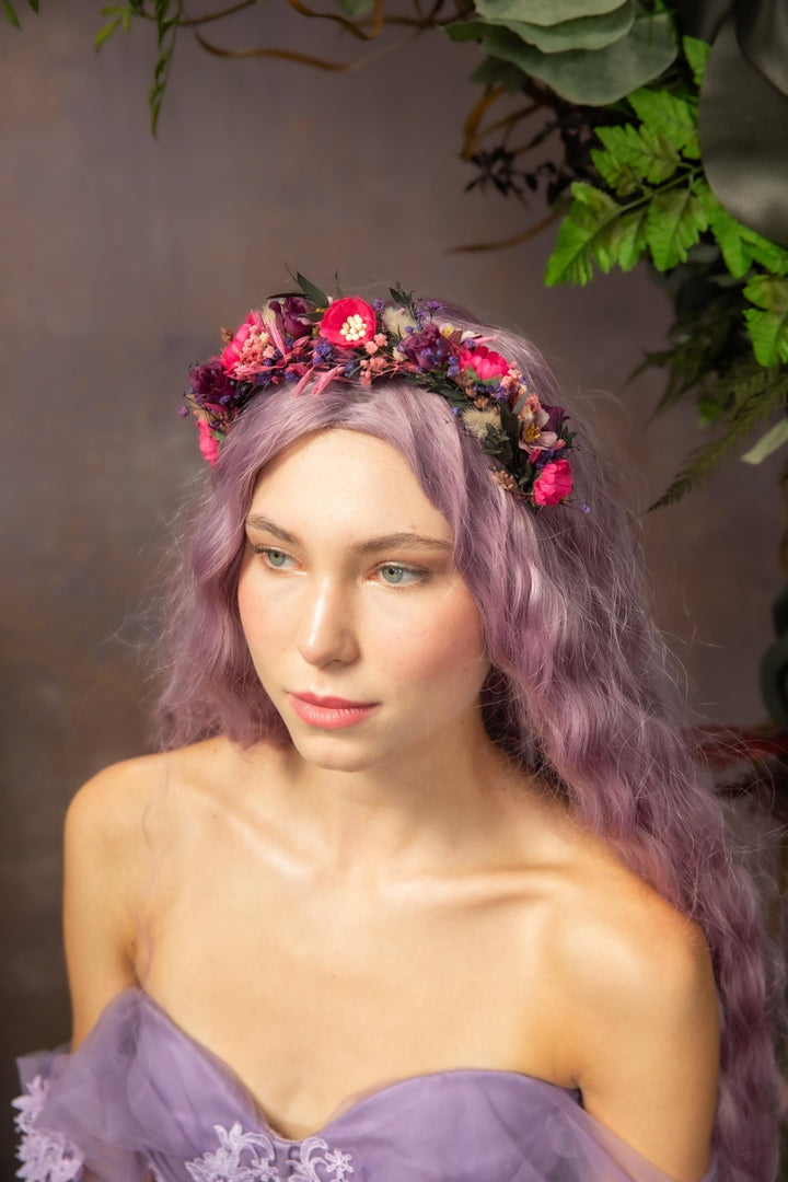 Magenta Purple Flower Headband: Boho Bridal Headpiece – handmade floral hair accessory by magaela